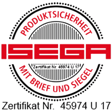 Zertifikatssymbol für Produktsicherheit, ISEGA, mit Brief und Siegel.