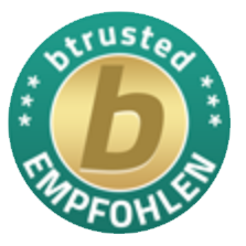 Btrusted-Siegel mit goldenem „b“ und dem Wort „Empfohlen“ in einem grünen Kreis.